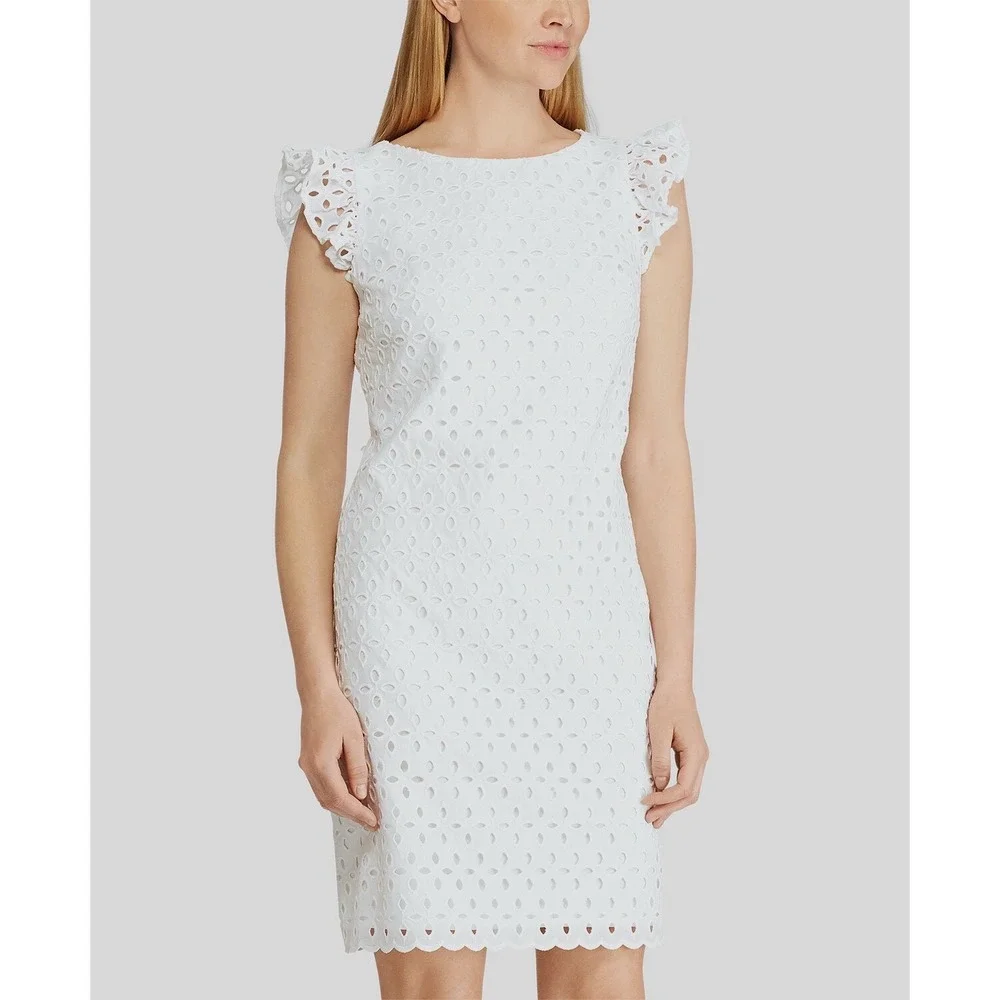 American Living White Eyelet Dress Women's Size 12 Ruffle Cap Sleeve Shift - Picture 2 of 15